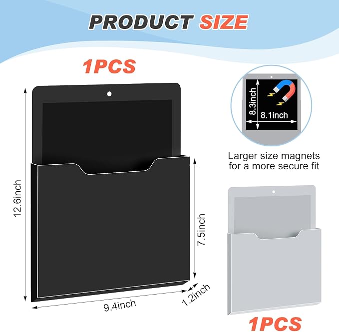 Feifeiya 2 Pcs Magnetic File Folder Wall Hanging Holder Large Pocket Paper Magazine Mail Organizer for Refrigerator Classroom Locker Whiteboard(Vertical,Black Grey,12.2 x 9.4 Inches)