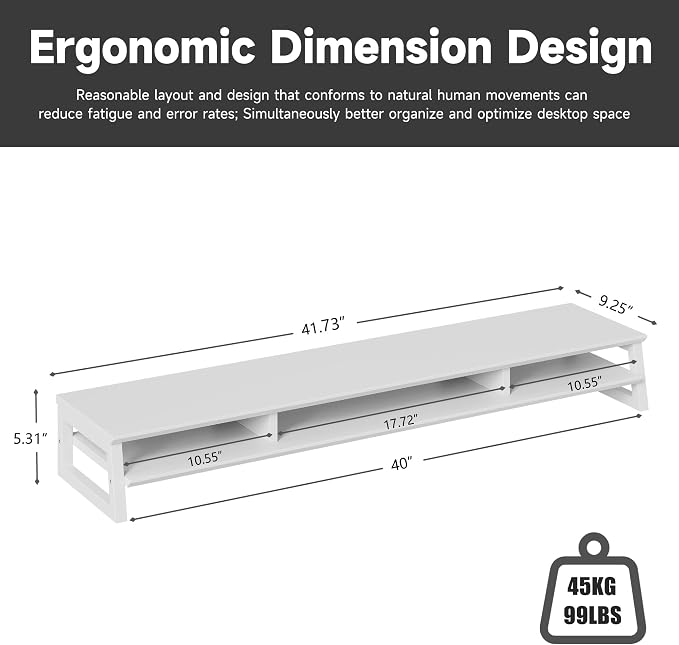 Dual Monitor Stand Riser for Desk, 41.7 Inch Large 2 Tier Computer Monitor Stand for 2 Monitors, Desktop Storage Organizer Shelf with Keyboard Space for Laptop PC Printer White