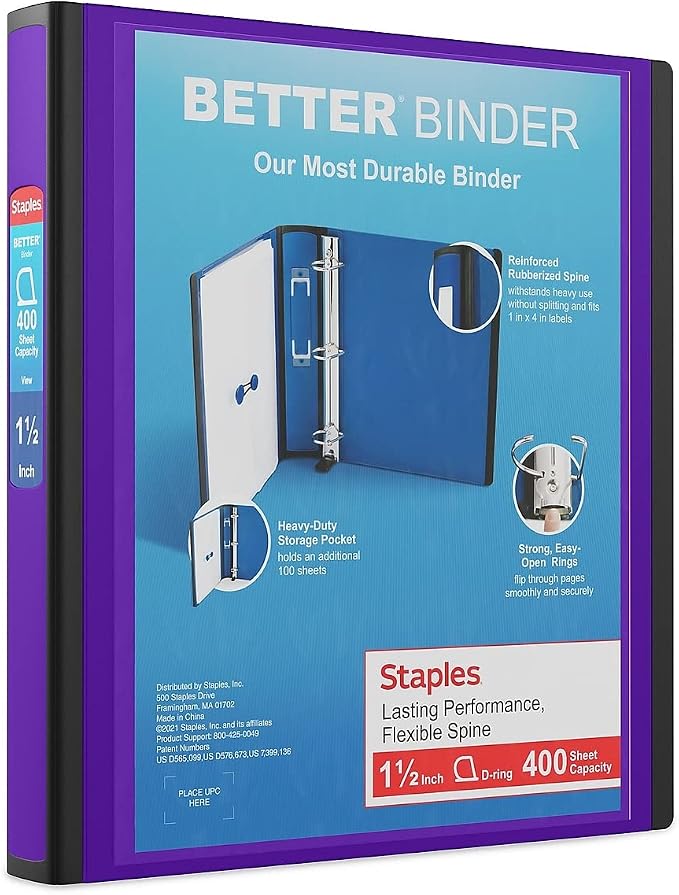 Staples Better 1.5-Inch 3-Ring Binder, Purple, Heavy-Duty | Durable binder built for school and office document organization.