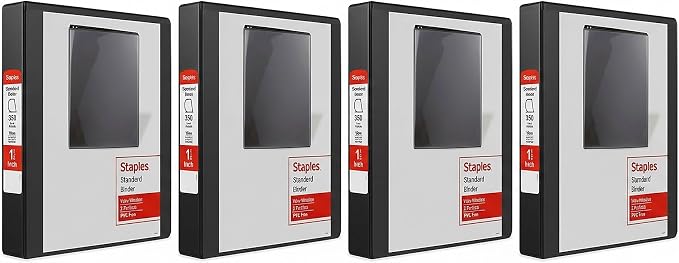 Staples 1 1/2" 3-Ring View Binder, D-Ring, Black, 4/Pack