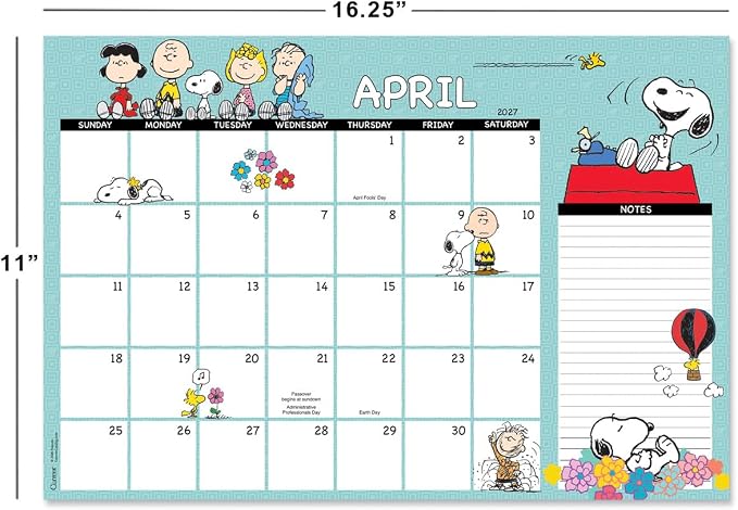 Current 2027-2028 Desk Calendar Pad | Peanuts, 11” x 16.25”, Large, 2024-Month, 12 page Designs, Self-Stick Magnet Strips