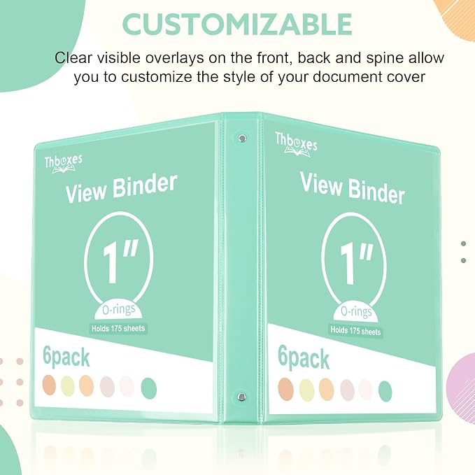 6 Pack 3 Ring Binder, 1 Inch Clear View Binders (Fit 8.5x11 Inches) | 175 Sheets Paper Capacity, Pastel Binders with 2 Interior Pockets for Office Supplies, School & Home (6 Light Colors)