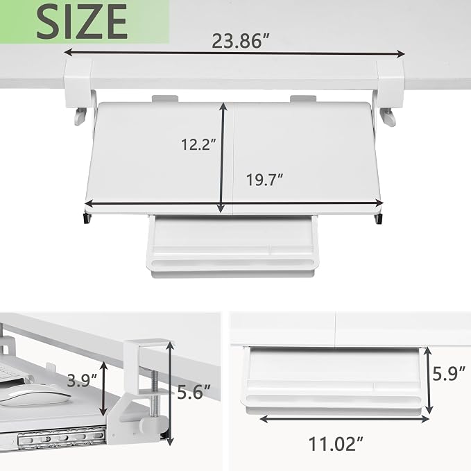 ETHU Under Desk Keyboard Tray - Small Slide Out Keyboard Shelf with C Clamp Mount, 19.7" x 11.8" Ergonomic Pull Out Tray for Home Office Desk, White