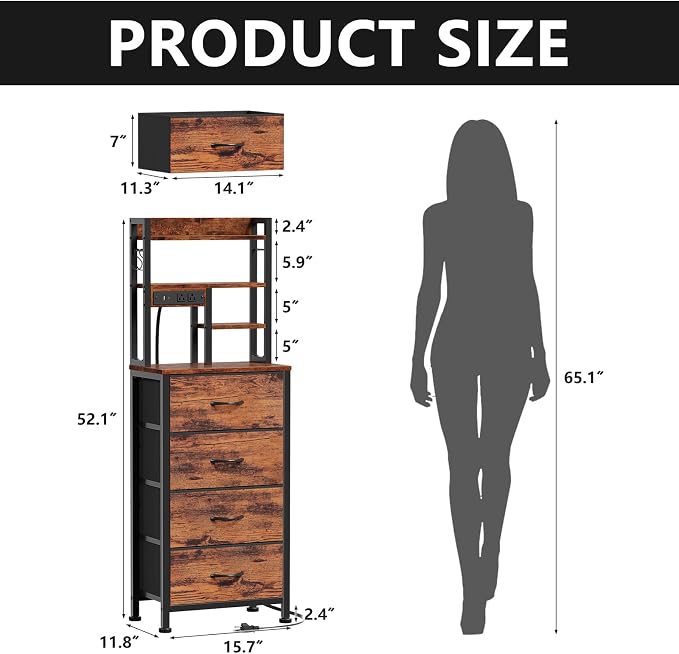 Night Stand Set 2, LED Nightstand with Charging Station | 4 Fabric Drawers and 4 Tier Storage Shelf, Bedside End Table for Bedroom, Dorm, Office, Rustic Brown