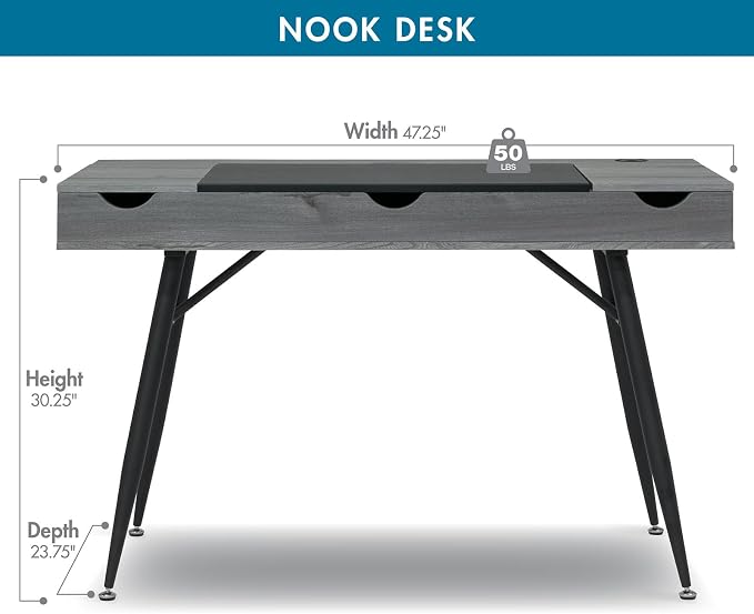Calico Designs Nook Modern Office Laptop Writing Desk- 47.25″ Wide Home Workstation Space-Saving with Storage Compartments, Greywash