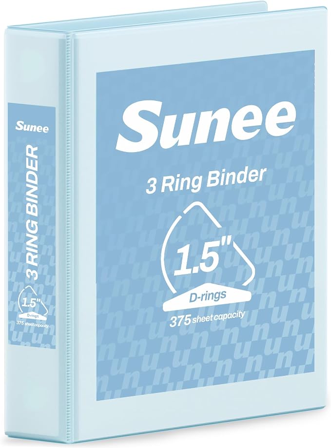 SUNEE 3 Ring Binder 1.5 Inch D Ring, Clear View Binder Three Ring PVC-Free (Fit 8.5x11 Inches) for School or Office Supplies, Pastel Blue, 1 Pack