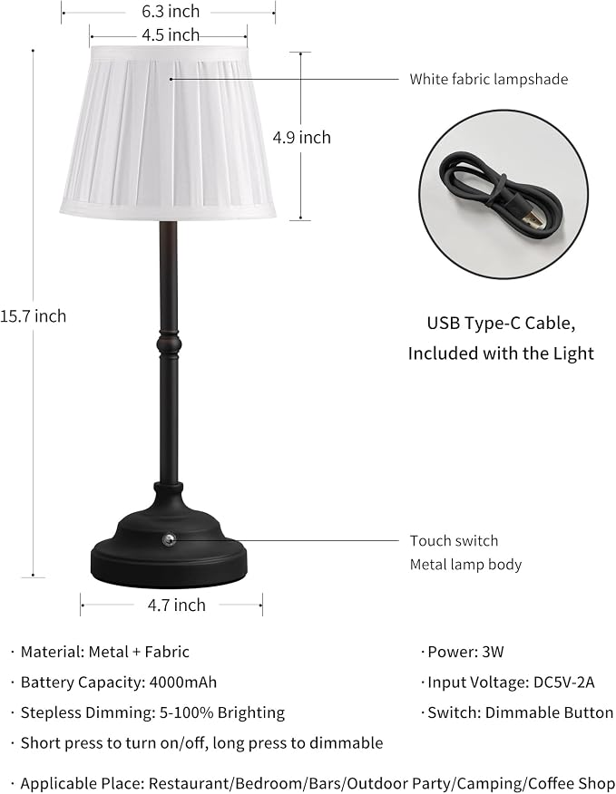 KDG Black Cordless Portable LED Table Lamp, White Fabric Shade Desk Lamp | 4000mAh Rechargeable Battery Powered Lighting, Dimmable Light for Dining Room, Bedroom, Bedside, Night Light, Balcony