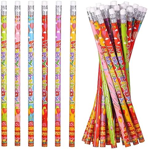 Happy Birthday Pencils Wooden Pencil Birthday Party Pencil with Top ErasersBirthday Party Supplies Favors, 6 Style(24)