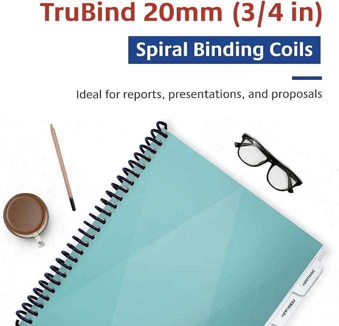 20mm (3/4 in.) Spiral Binding Coils for Reports, Presentations and Proposals | 4:1 Pitch | 12 in. Length | Black | 172 Sheets Binding Capacity | 50 Pack