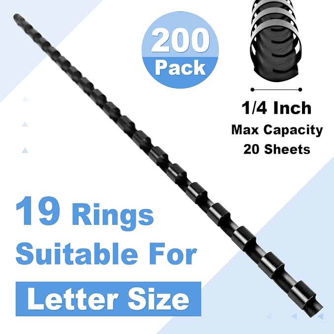 HOUYEE Plastic Binding Combs Spines 1/4 Inch (6mm),19 Rings, 200Pack, Black | Binder Combs for Letter Size Paper, 20 Sheets Capacity, for Book Binder Office School Supplies