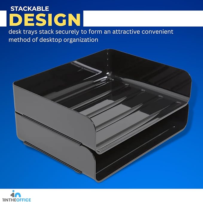 1inTheOffice Stackable Paper Tray, Legal Size Plastic Desk Tray Organizer, Side Load, Black (2 Pack)