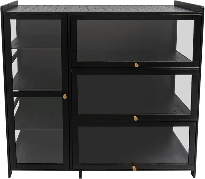 Display Cabinet with Acrylic Doors, 7 Storage Spaces Storage Cabinet & Curio Cabinet with Clear Acrylic Doors, Modern Black Bamboo & Composite Wood for Collectibles, Kitchen, Living Room