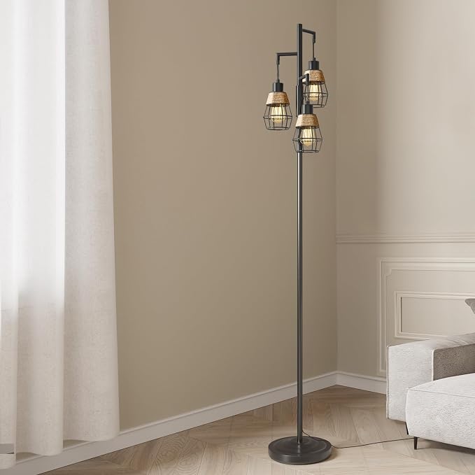 70" Floor Lamps for Living Room, Stepless Dimmable Boho Floor Lamp with 3 Bulbs, Tall Farmhouse Industrial Corner Standing Tree Lamp for Bedroom, Office, Study Room, Dining Room, Black