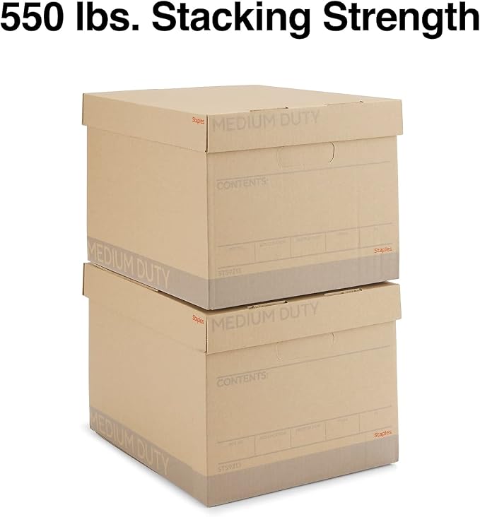 Staples Medium-Duty 100% Recycled Storage Boxes, Letter/Legal, 12-Pack | Eco-friendly stackable boxes for document storage in offices.