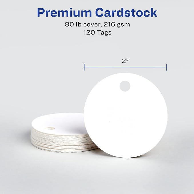 Avery Round Tags, Sure Feed Technology, 2" Diameter, Matte White, Strings Included, 120 Total, Print-to-The-Edge, Laser/Inkjet Printable (80512)