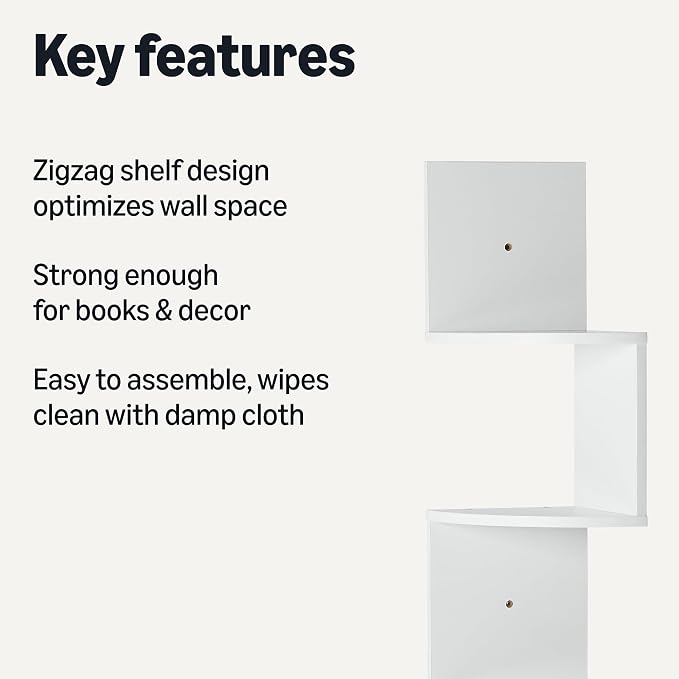 Amazon Basics 5-Tier Corner Shelf, Wall-Mounted, Floating Corner Bookshelf for Living Room, Bedroom, Bathroom, Home Office, 7.8"D x 48.5"W x 7.8"H, White