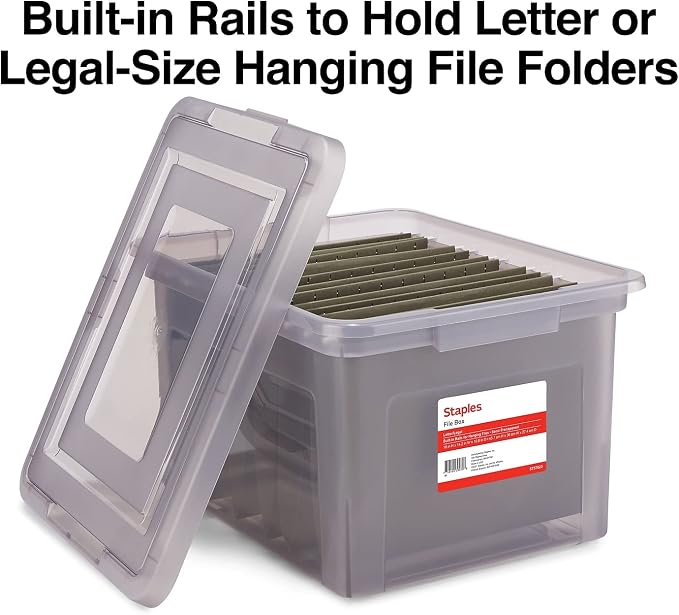 STAPLES Hanging File Folder Box, Storage Bin Organizer, Snap Lid, Letter & Legal Size Documents, Frost Gray | Frost gray bin keeps letter and legal size documents organized and accessible.
