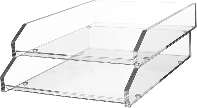 Kantek Clear Acrylic Double Large Letter Tray, 2 Tier Stackable Desk Organizer, Front Loading, 10.6" x 13.9" x 4.8", Non-Skid Feet, Office Organizer, Desk Accessory