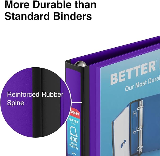 Staples Better 1.5-Inch 3-Ring Binder, Purple, Heavy-Duty | Durable binder built for school and office document organization.