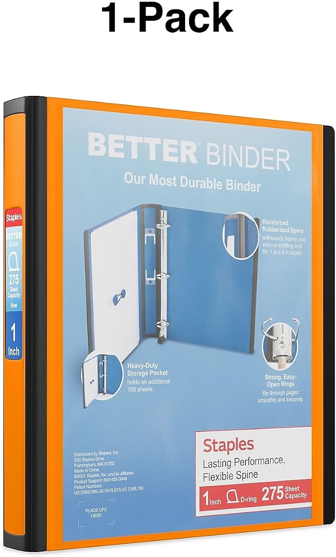 Staples Better Binder, 1-Inch D-Ring 3-Ring View, Orange, Durable | Built for office and school document organization and everyday use.
