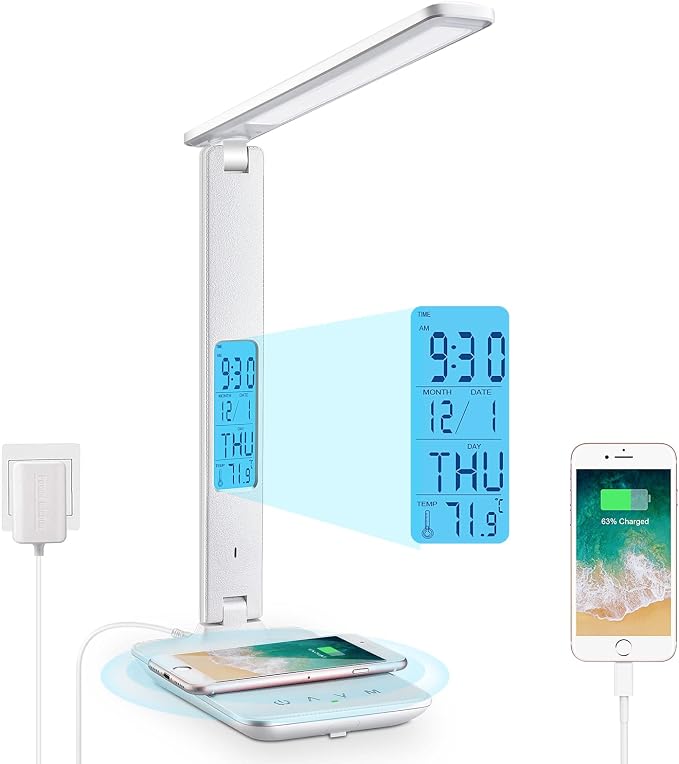 Desk Lamp with Wireless Charger: USB Charging Port, Table Lamp with Clock, Desk Lamps for Home Office College Dorm Room Essentials