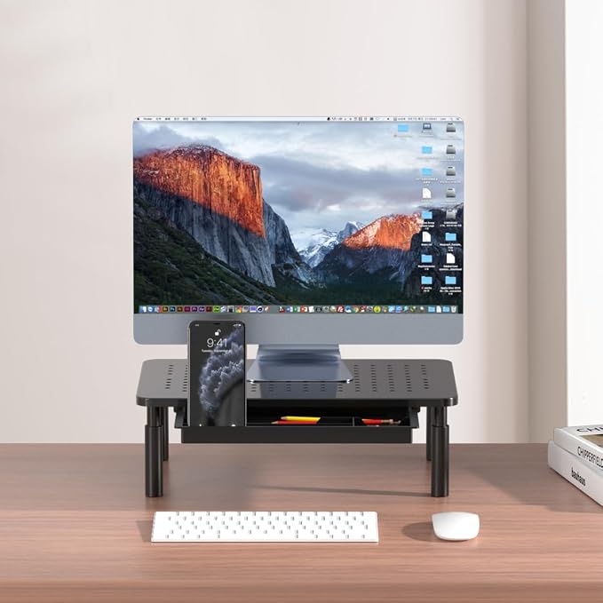 suptek Computer Monitor Stand Riser with Drawer,Monitor Riser for Laptop, Printer, Notebook and All Flat Screen TV Display with Vented Platform,3 Height Adjustable Laptop Riser,1 Pack,Black
