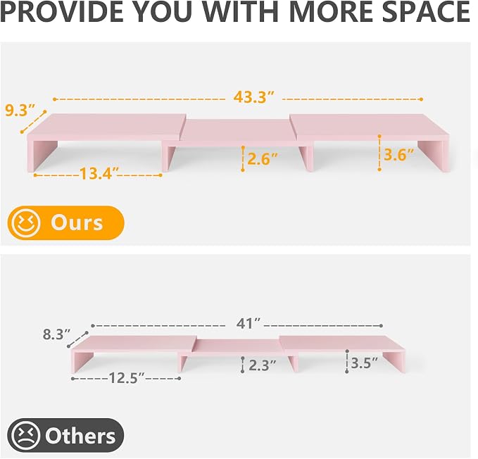 TAVR Dual Monitor Stand Riser, Wooden Computer Monitor Stand for 2 Monitors | Extra Long Multifunctional Desktop Organizer Riser for TV, PC Monitor, Laptop, Printer, Max 43.3" Length, Pink