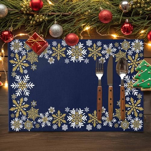 Gold White Snowflakes Christmas Placemat 1PC, Winter Xmas Holiday Heat Resistant Washable Table Place Mats Navy Blue Cotton Table Linens Party Holiday Decor for Kitchen Dining Outdoor Indoor
