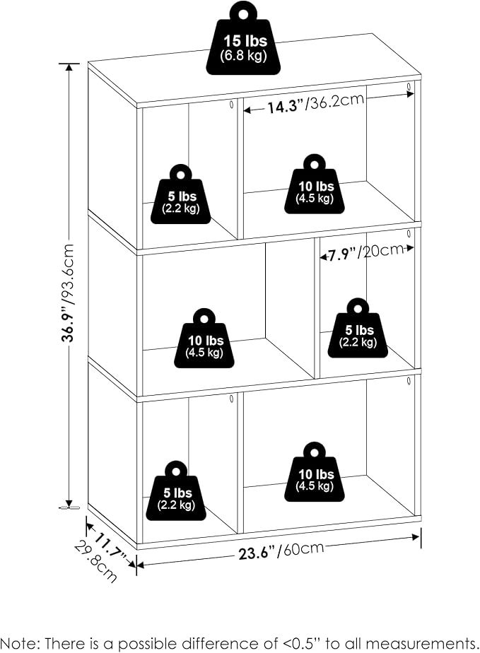 Furinno DALY Book Shelf, 6-Cube Bookshelf, Cube Storage Organizer Bookcase with Irregular Compartments, 11.7 x 23.6 x 36.8, for Living Room, Bedroom, Home Office, Espresso
