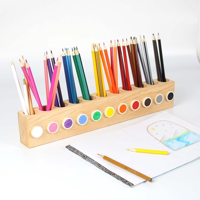 Desk Wood Colored Pen Pencil Holder, Solid Wooden Pencils Organizer Storage for Kids, Office and School Supplies.