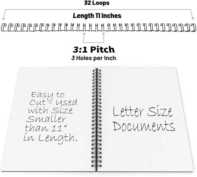 TOTiyea 100 Pack 1/2" Wire Binding Spines,3:1 Pitch,100-Sheet,Letter Size | metal spiral binding coils,Black,0.8mm in thickness, Each spine has a 3:1 pitch and 32 double loops; 360-degree rotation