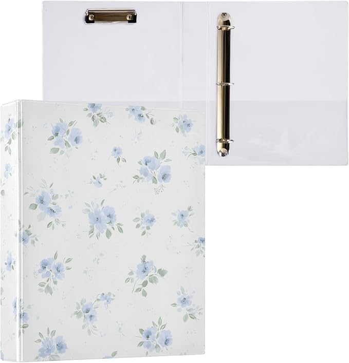 3 Ring Binders Blue Flowers Floral 1.5 Inch Round Ring Binders with Pockets Decorative Clipboard Binder Holds 200 Sheets View Binder for Home School Office,2 Pack