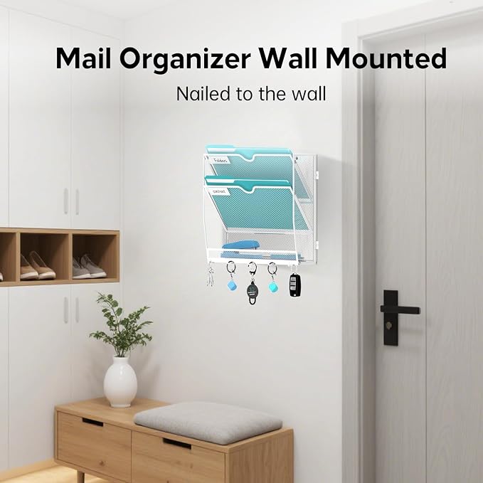 3-Tier Wall File Organizer and Mail Organizer with 5 Hooks, White | Label slots, curved openings, 5 key hooks, and a bottom tray support organized mail, file, and everyday item storage.