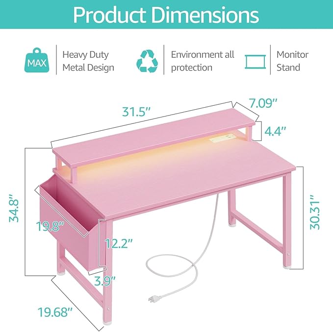 Lufeiya Small Girls Desk with Power Outlets and LED Lights, 32 Inch Gaming Desk Table with Charging Station, Home Office Computer Desks with Monitor, Pink