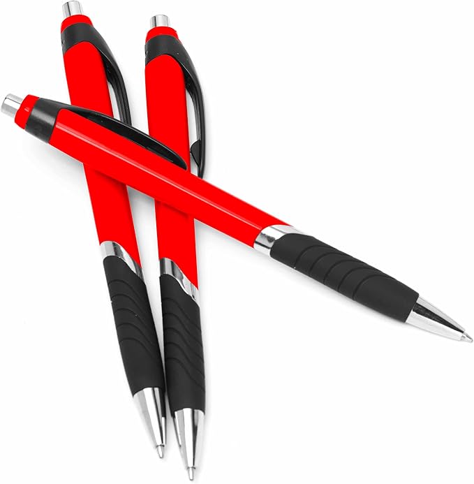 DISCOUNT PROMOS Ballpoint Pens With Rubber Grip - 10 pack - Black Ink Ball Point Pen with Soft Touch Plastic - Red
