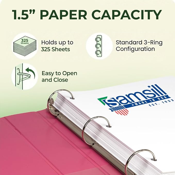 Samsill BioBinder 1.5 Inch (4-Pack) - Durable Plant-Based 3 Ring View Binder, USDA Certified Biobased, Customizable Nonstick Cover & Spine - 325 Sheet Capacity, Letter Size School Office Organizer