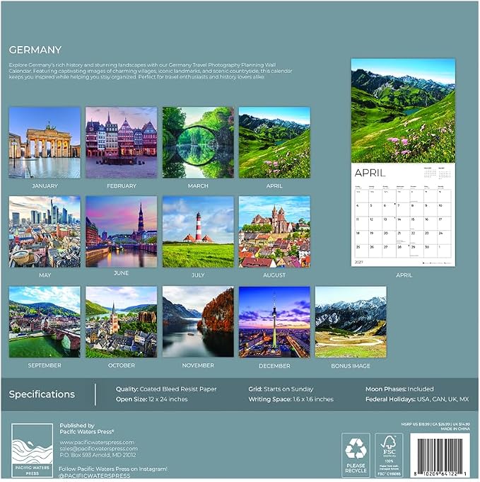 Germany 2027 Wall Calendar, 12 x 24 Hanging Pacific Waters Press