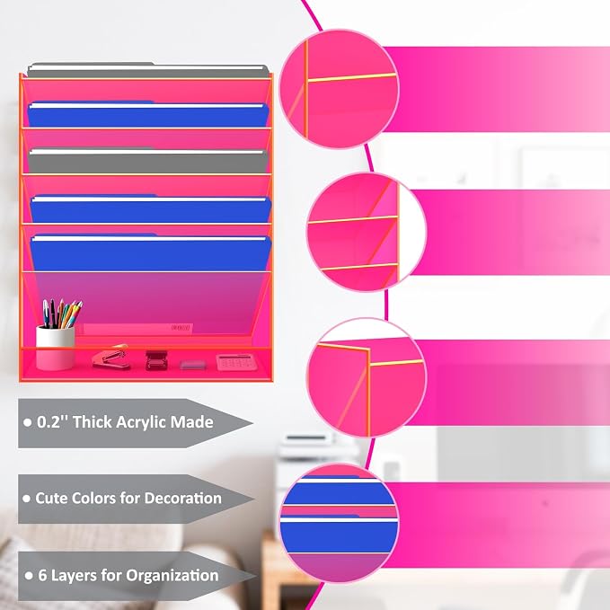 Gelite Hanging File Organizer Acrylic Wall File Holder for Office Vertical Paper Organizer Wall Mounted Magazine Rack, 5 Pockets, Neon Pink