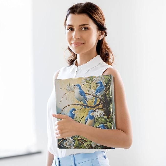Blue Bird White Flower Patterned 3 Ring Binder 1.5" Decorative D-Ring Binder with Clipboard&3 Clear Pockets, Holds 200 Sheets A4 Size Paper Waterproof Binders for School Home Office|2 Pack