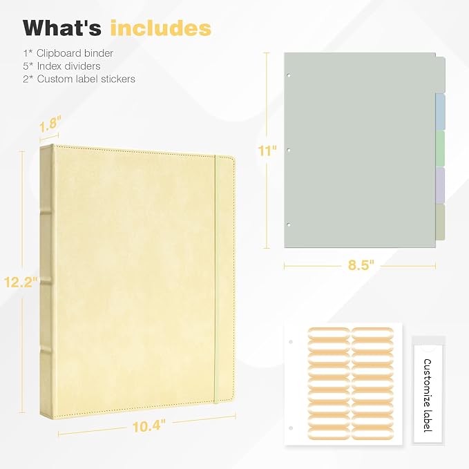 Ospelelf Vintage Hardcover 3 Ring 1 inch Leather Binder, Professional Binder Organizer Suitable for Letter Size, Binder Dividers with Tabs, Light Yellow