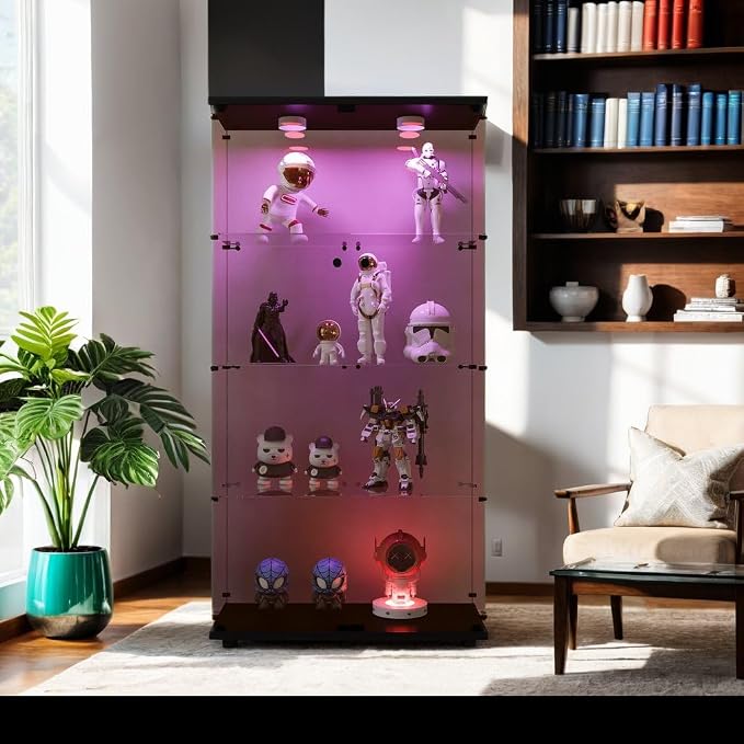 Frameless Glass Display Cabinet, Curio Cabinet Display Case with LED Lights and Lock, 2 Doors Quick-Install Floor Standing Showcase Display Shelf for Collectibles, Legos, Figures, Plants