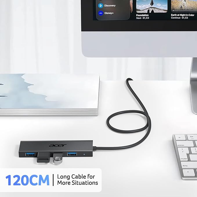 Acer USB Hub 4 Ports, Multiple USB 3.0 Hub, USBA Splitter for Laptop with Type C Power Port, Extender for A Port Laptop, PC, Desktop and More (4ft)