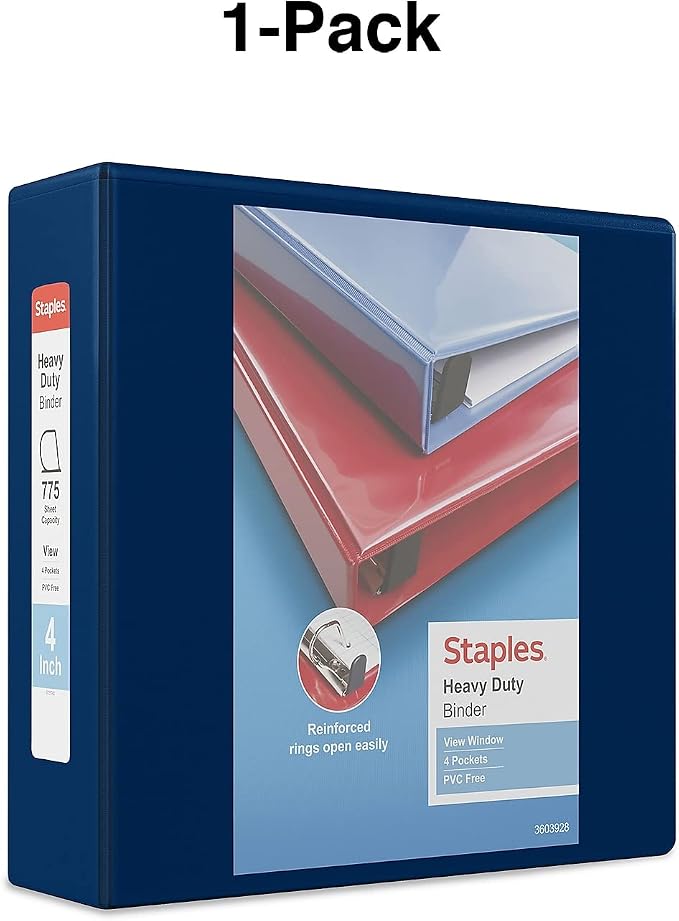Staples Heavy‑Duty View Binder, 4" D‑Ring, Navy Blue, Reinforced Spine, High‑Capacity 3‑Ring Binder for School & Office Organization