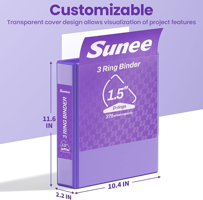 SUNEE 3 Ring Binder 1.5 Inch D Ring, Clear View Binder Three Ring PVC-Free (Fit 8.5x11 Inches) for School or Office Supplies, Dark Purple, 1 Pack