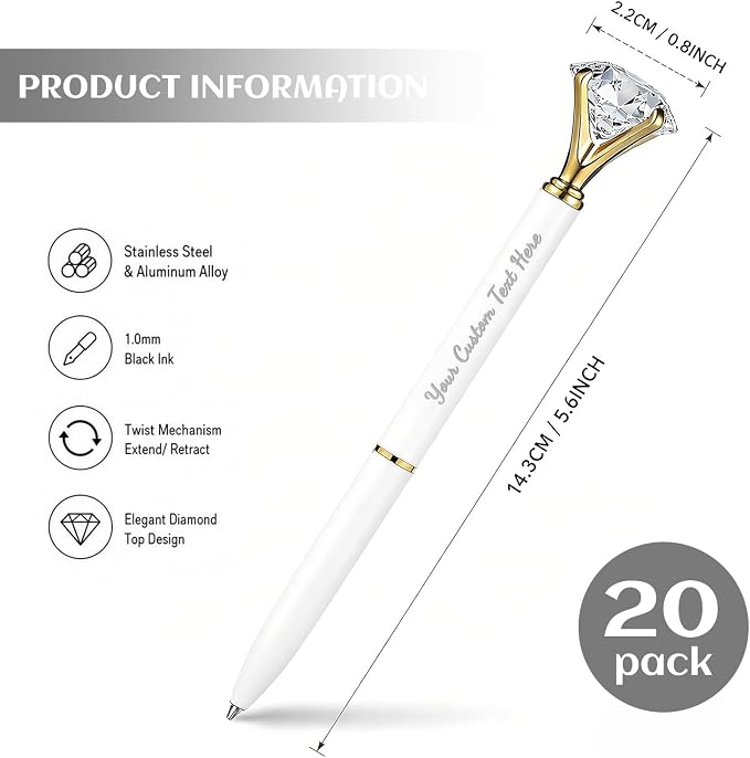HISHER 20 Pack Custom Crystal Ballpoint Pens Smooth ABS Plastic Twist Pen