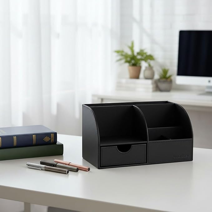 UnionBasic Desk Organizer - Multifunctional Leather Desktop Pen Holder Storage Box - Business Card/Pen/Pencil/Mobile Phone/Stationery Holder, Black
