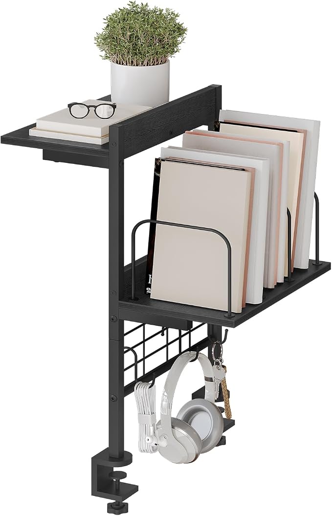 MAHANCRIS Clamp on Desk Shelf, 2 Tier Desk Storage Organizer, Desktop Bookshelf with Hooks and Divider, Desk Accessories for Study and Gaming Room, Black DSBK4501