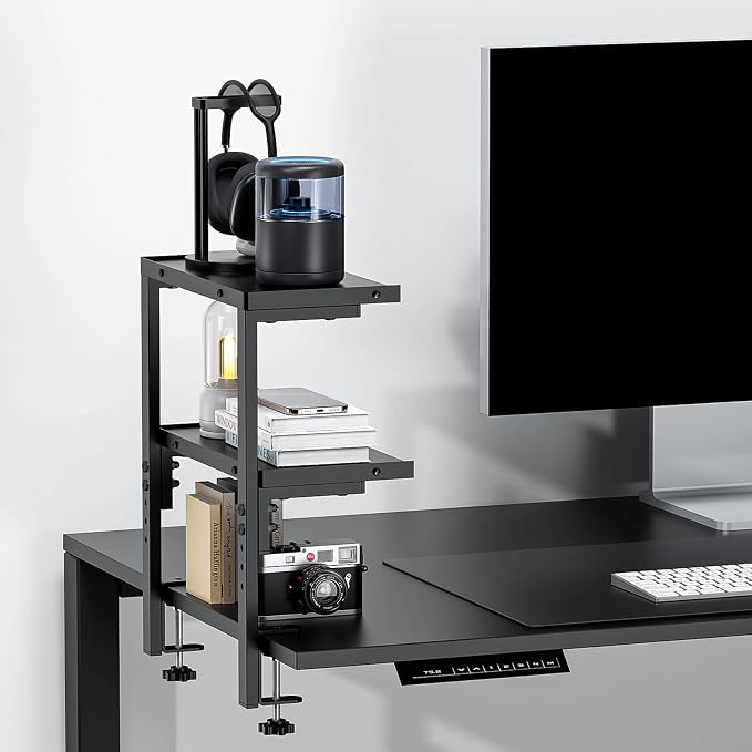 2-Tier Desk Shelf | Desk Organization Expandable Clamp on Desk Shelf Desktop Accessories for Offices and Game Rooms (Black)