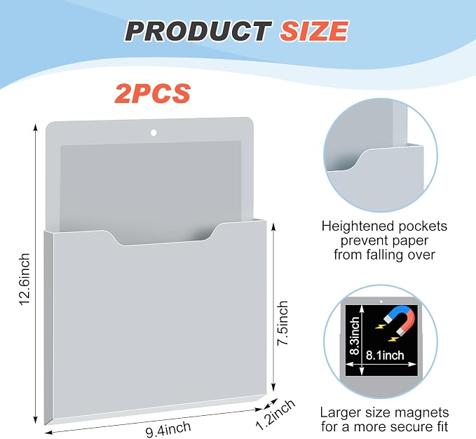 Feifeiya 2 Pcs Magnetic File Folder Wall Hanging Holder Large Pocket Paper Magazine Mail Organizer for Refrigerator Classroom Locker Whiteboard(Vertical,Grey,12.2 x 9.4 Inches)