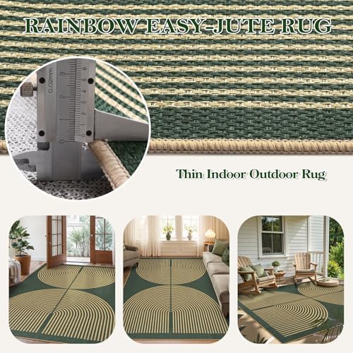 Lahome Rainbow Easy Jute Dark Green Rug, 5x7 Mid Century Modern Rug